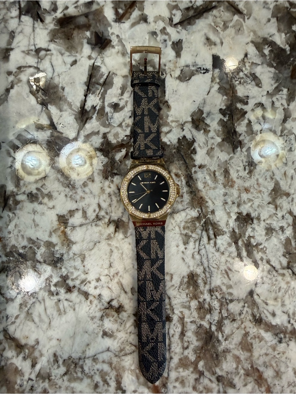 Michael Kors Black Dial Gold-Tone Watch with Monogram Strap